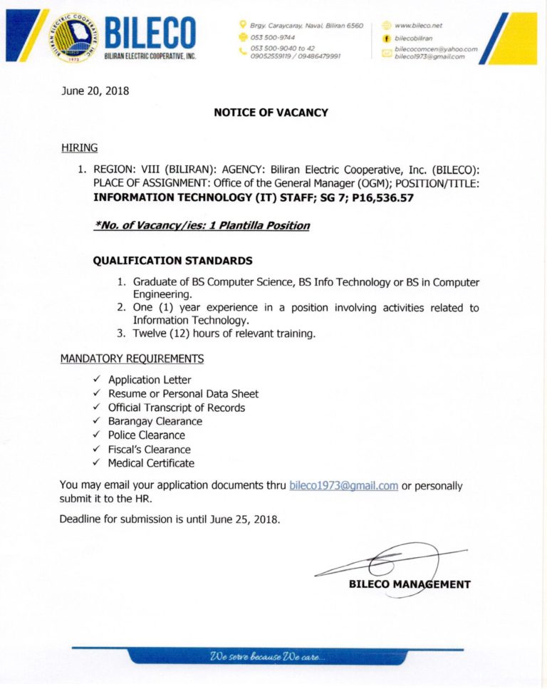 Read more about the article BILECO is in need of one IT staff