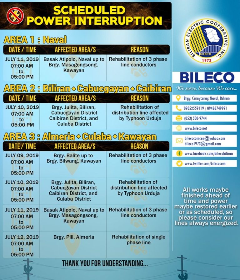 Read more about the article Scheduled Power Interruption in AREA 1 (Naval Area) Area 2 (Biliran, Cabucgayan & Caibiran Area) and AREA 3 (Almeria, Culaba & Kawayan Area)