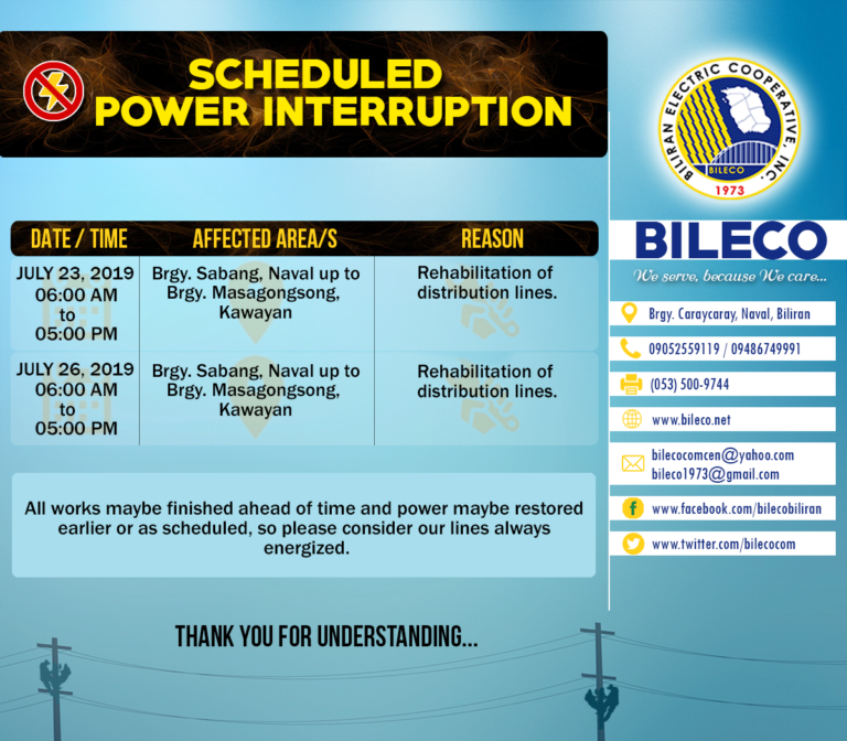 Read more about the article Scheduled Power Interruption in AREA 1 (Naval Area) and AREA 3 (Almeria, Culaba & Kawayan Area)