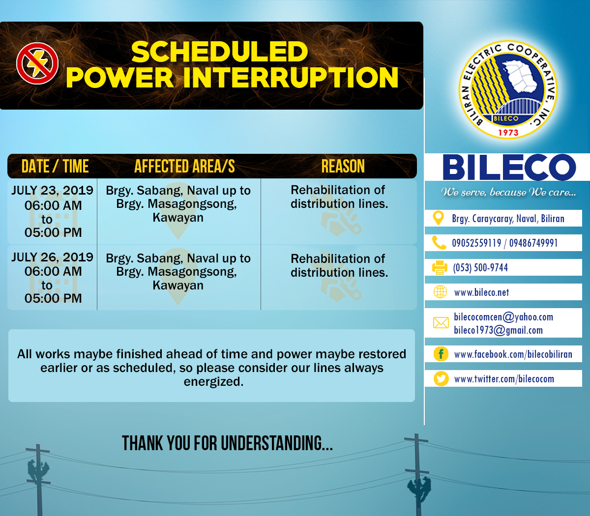 You are currently viewing Scheduled Power Interruption in AREA 1 (Naval Area) and AREA 3 (Almeria, Culaba & Kawayan Area)