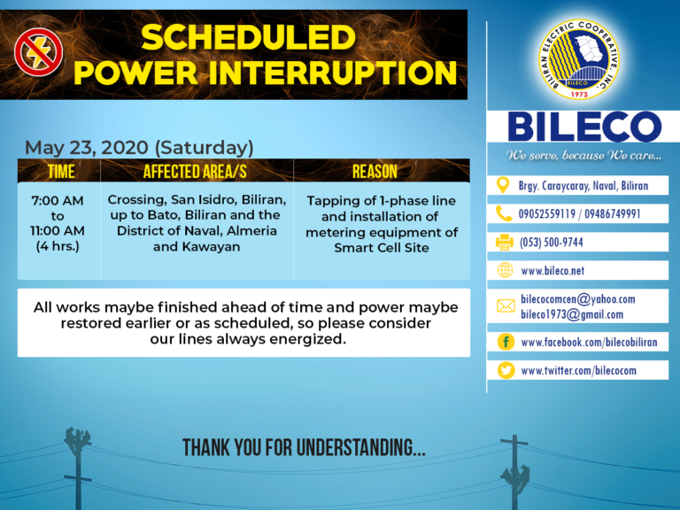 Read more about the article Scheduled Power Interruption in AREA 1 (Naval Area), AREA 2 (Biliran, Cabucgayan and Caibiran Area) and AREA 3 (Almeria, Kawayan and Culaba Area)