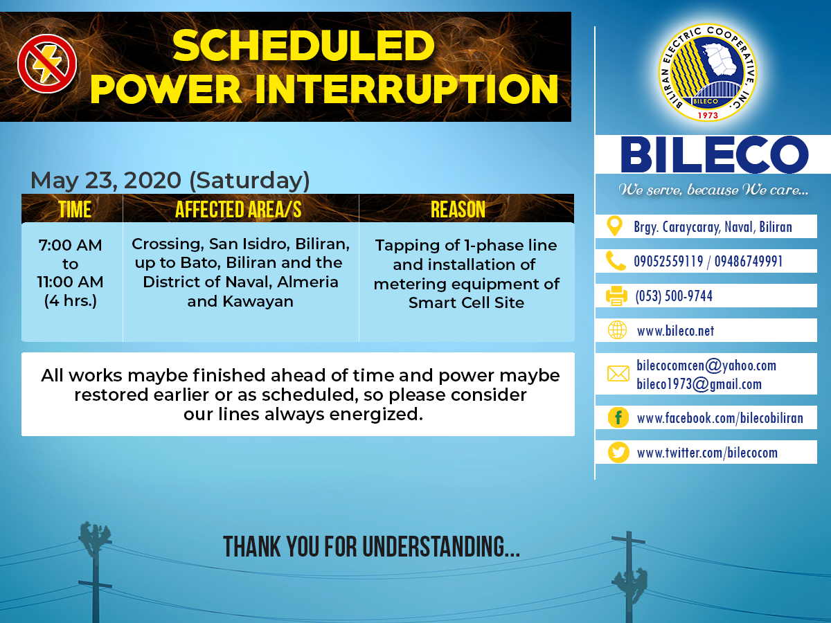 You are currently viewing Scheduled Power Interruption in AREA 1 (Naval Area), AREA 2 (Biliran, Cabucgayan and Caibiran Area) and AREA 3 (Almeria, Kawayan and Culaba Area)