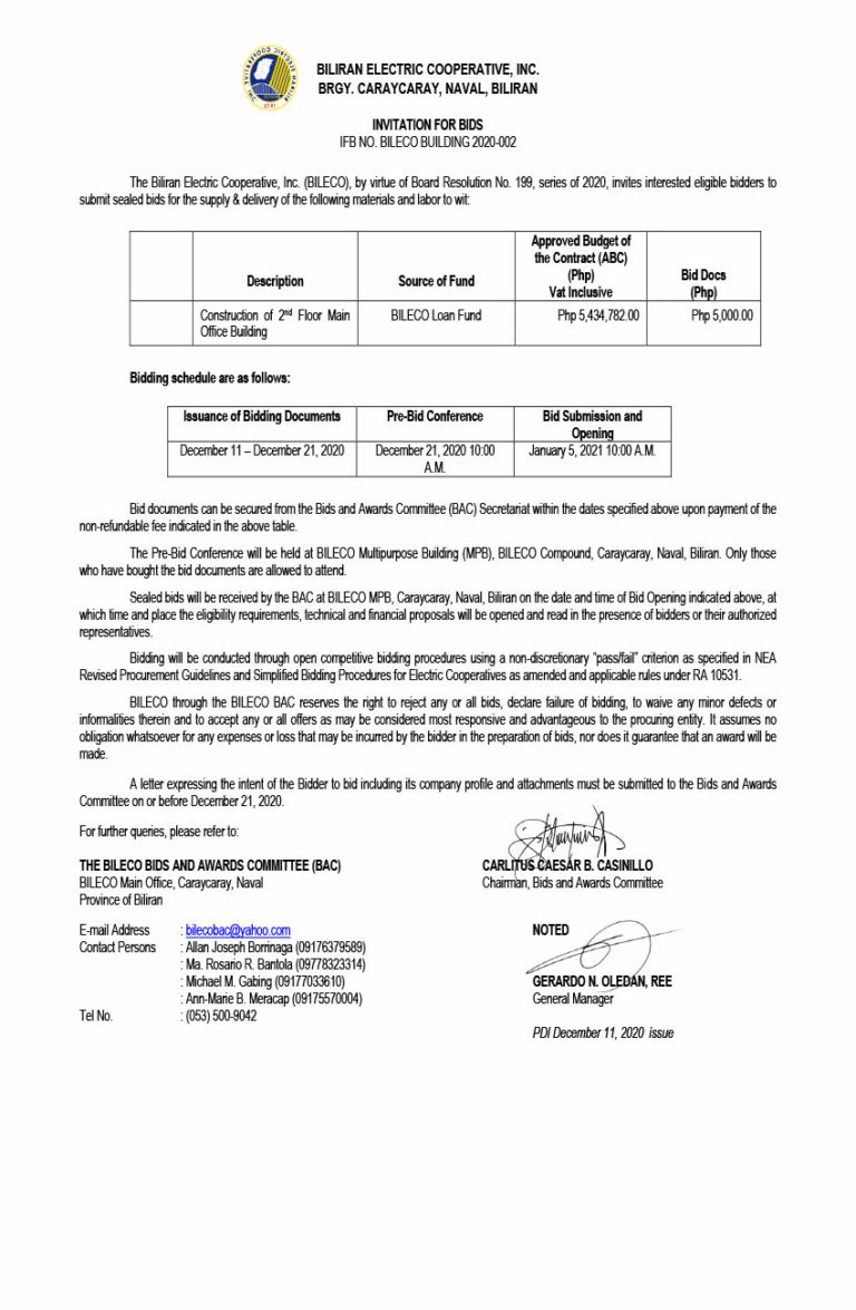 Read more about the article Invitation for Bids for the Construction of 2nd Floor Main Office Building