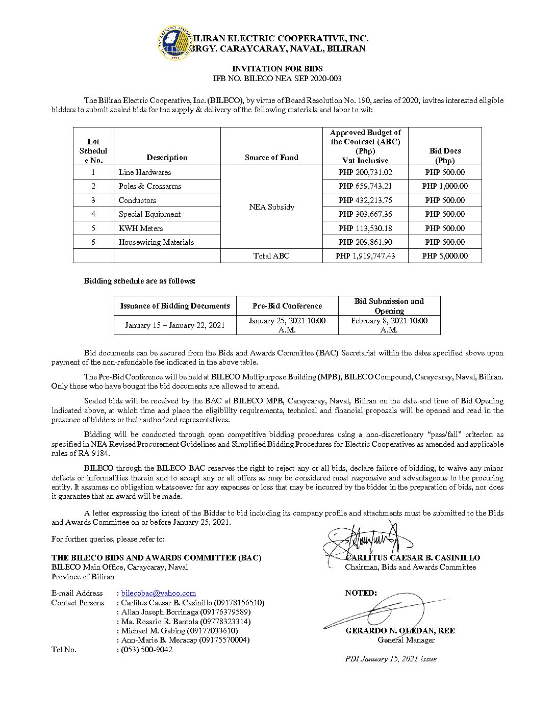 Read more about the article Invitation for Bids re: IFB NO. BILECO NEA SEP 2020-003