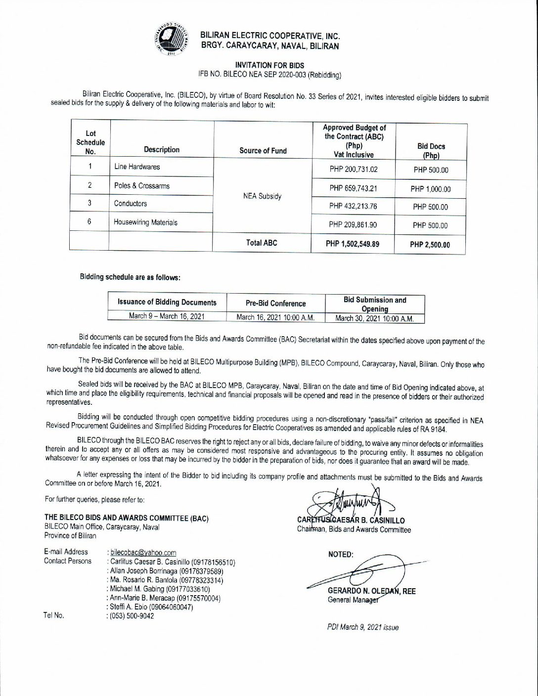 Read more about the article Invitation for Bids re: IFB NO. BILECO NEA SEP 2020-003 (Rebidding)