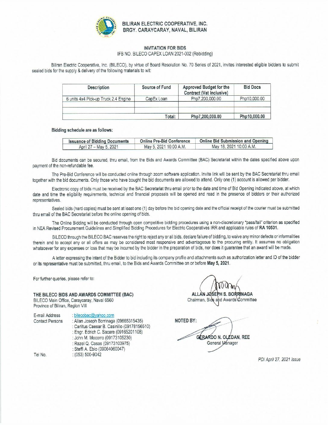 Read more about the article Invitation for Bids re: IFB NO. BILECO CAPEX LOAN 2021-002 (Rebidding)