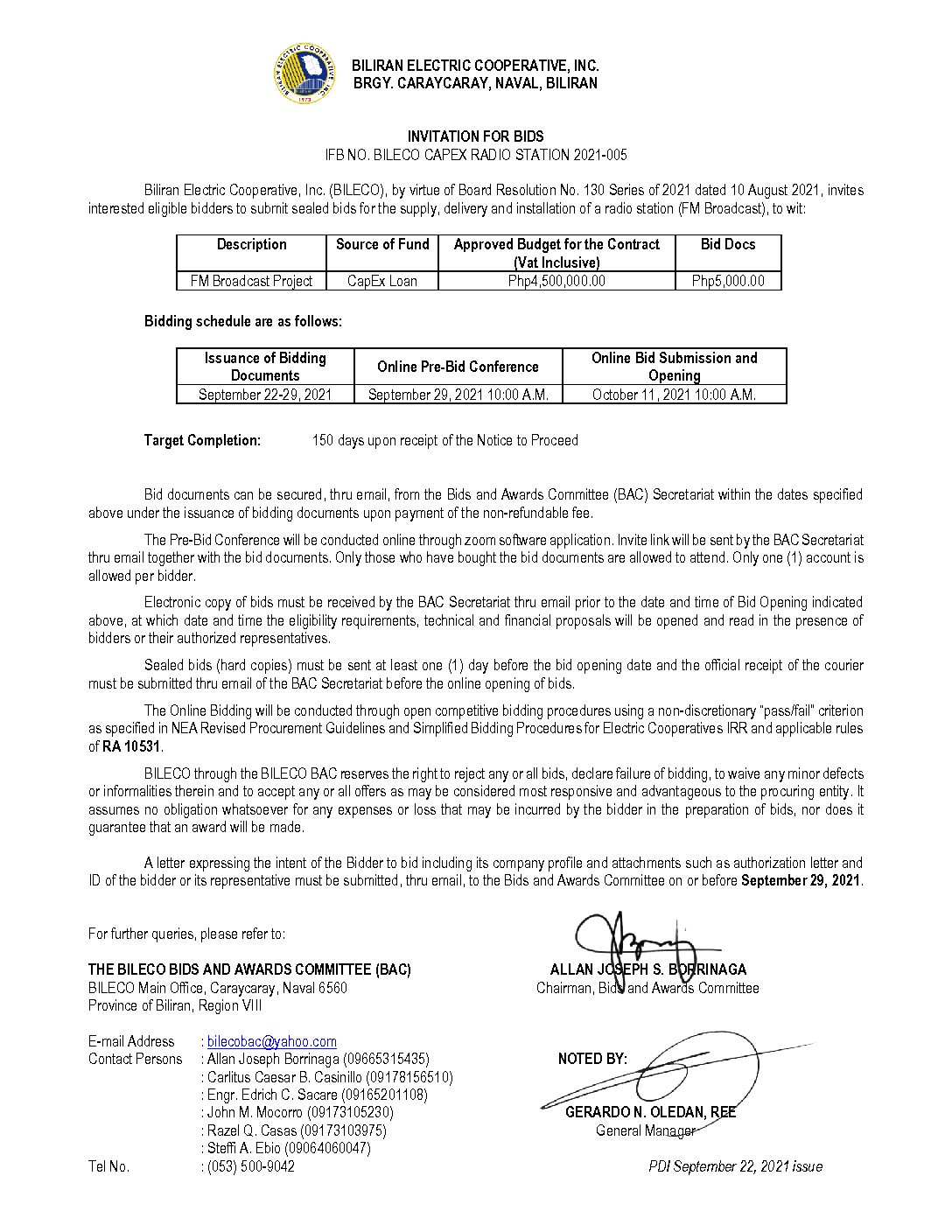 Read more about the article Invitation for Bids re: IFB NO. BILECO CAPEX RADIO STATION 2021-005