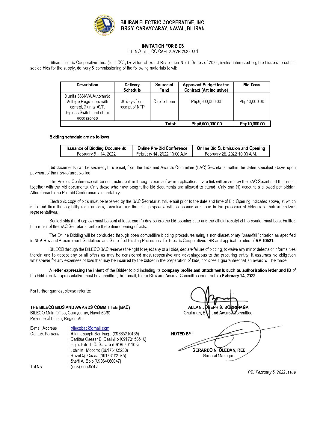 Read more about the article Invitation for Bids re: IFB NO. BILECO CAPEX AVR 2022-001