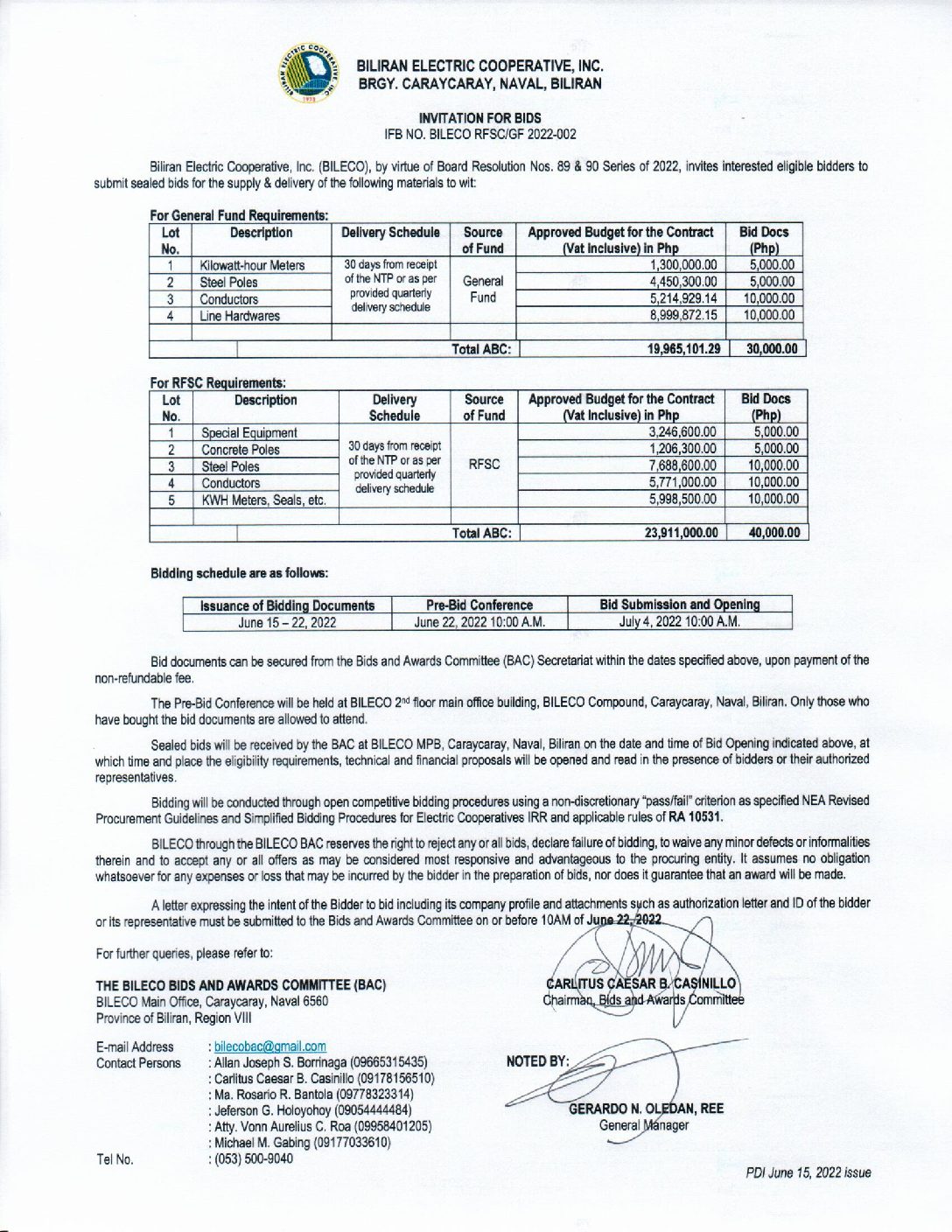 Read more about the article Invitation for Bids re: IFB NO. BILECO RFSC/GF 2022-002