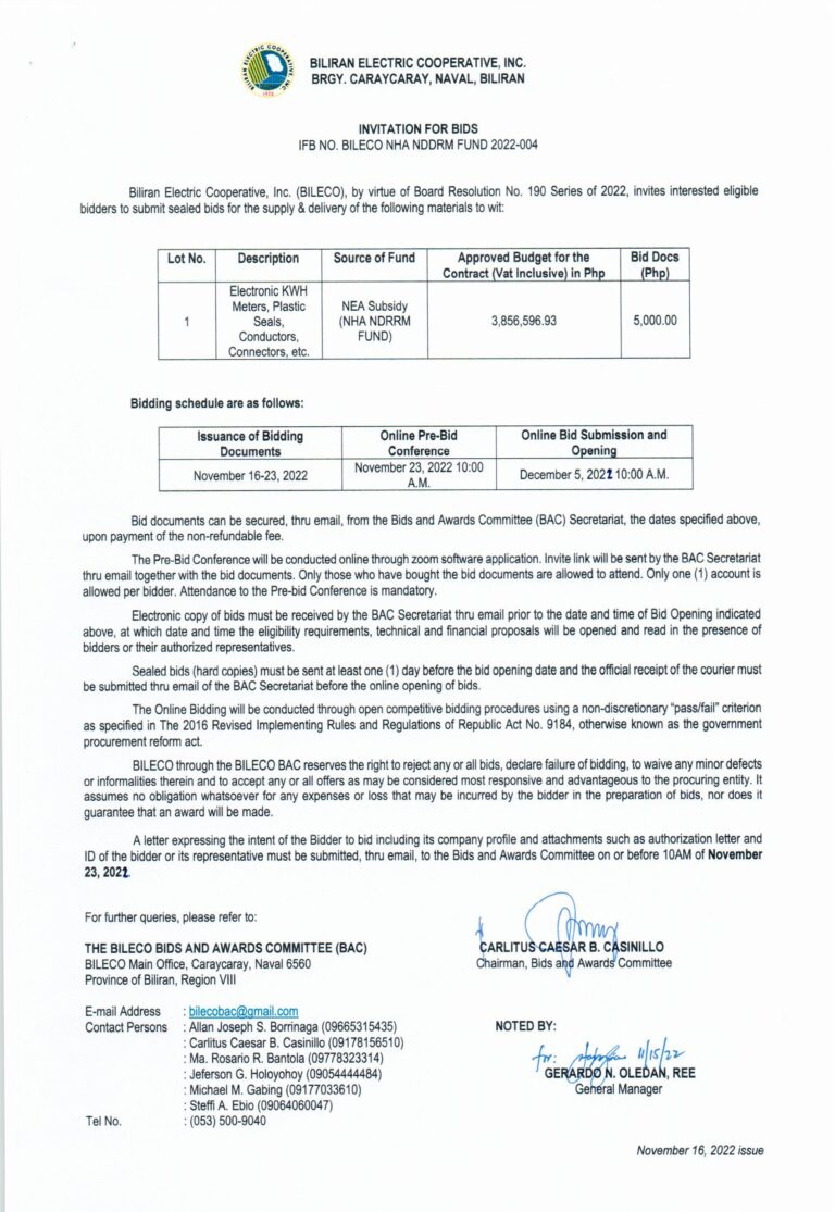 Read more about the article Invitation for Bids re: IFB NO. BILECO NHA NDRRM FUND 2022-004
