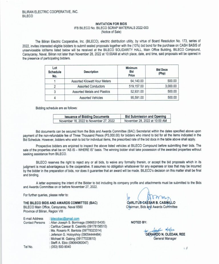 Read more about the article Invitation for Bids re: IFB NO. BILECO SCRAP MATERIALS 2022-003