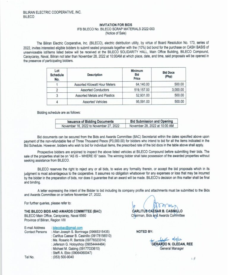 Read more about the article Invitation for Bids re: IFB NO. BILECO SCRAP MATERIALS 2022-003