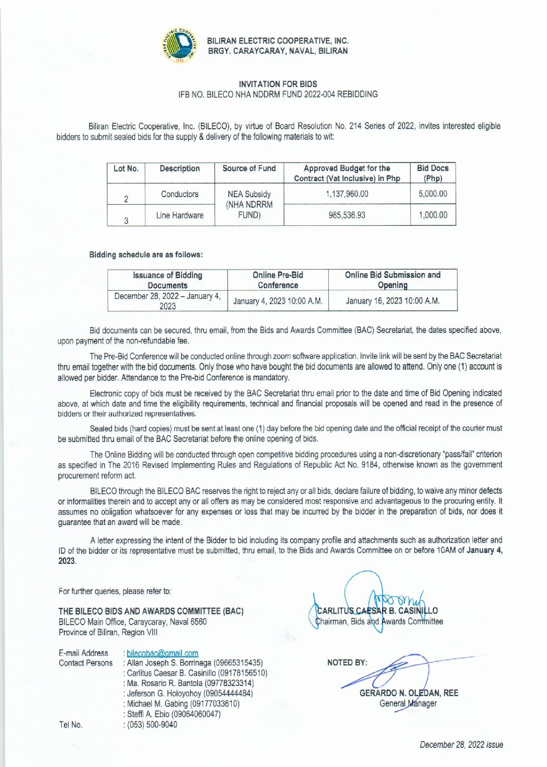 Read more about the article Invitation for Bids re: IFB NO. BILECO NHA NDRRM FUND 2022-004 REBIDDING