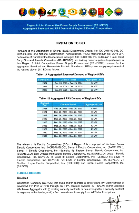 Read more about the article Invitation to BID : Region 8 Joint Competitive Power Supply Procurement (R8 JCPSP)