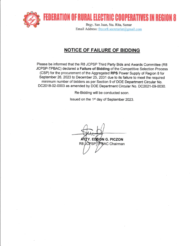 Read more about the article NOTICE OF FAILURE OF BIDDING