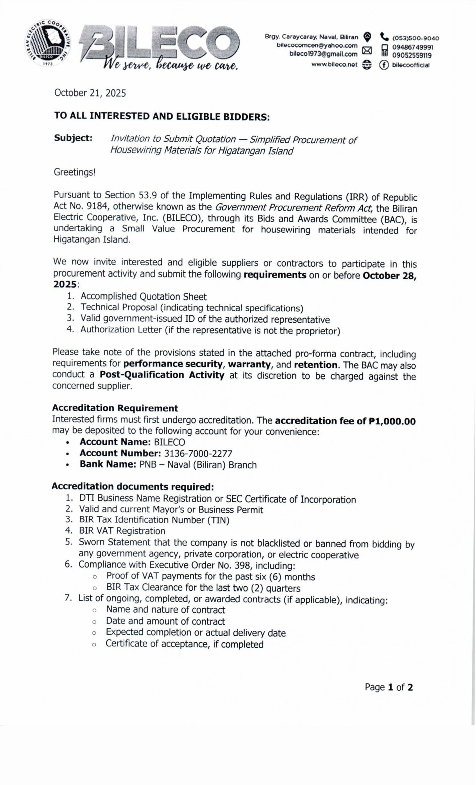 You are currently viewing Letter to Interested Bidders: Simplified Procurement of Housewiring (Higatangan)