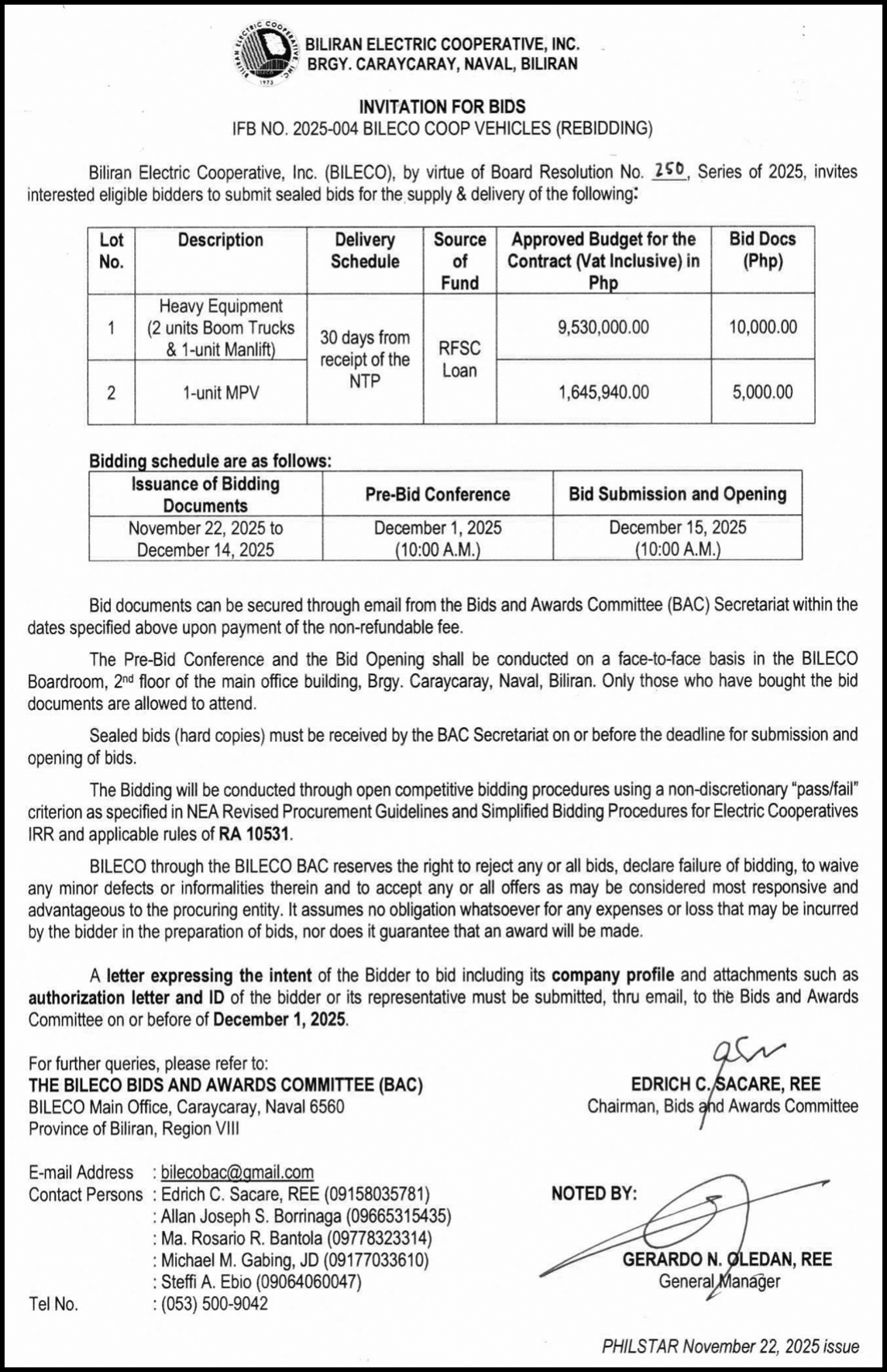 You are currently viewing INVITATION FOR BIDS IFB No. 2025-004 BILECO COOP VEHICLES (REBIDDING)