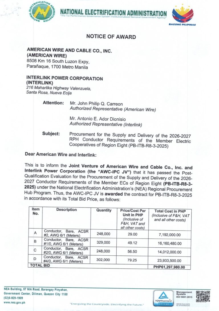 Read more about the article NOTICE OF AWARD